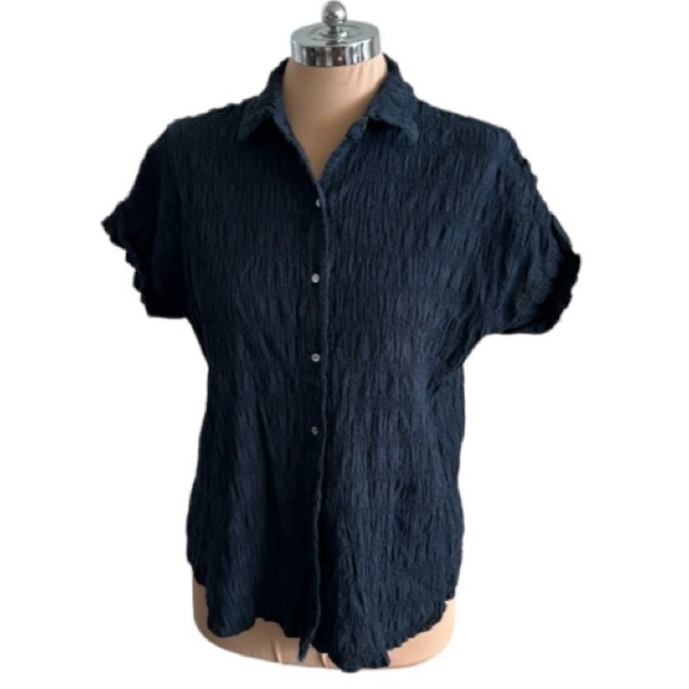 Scotch & Soda Pleated Bamboo Beach Short Sleeve Collared Navy Blue Blouse Sz.M